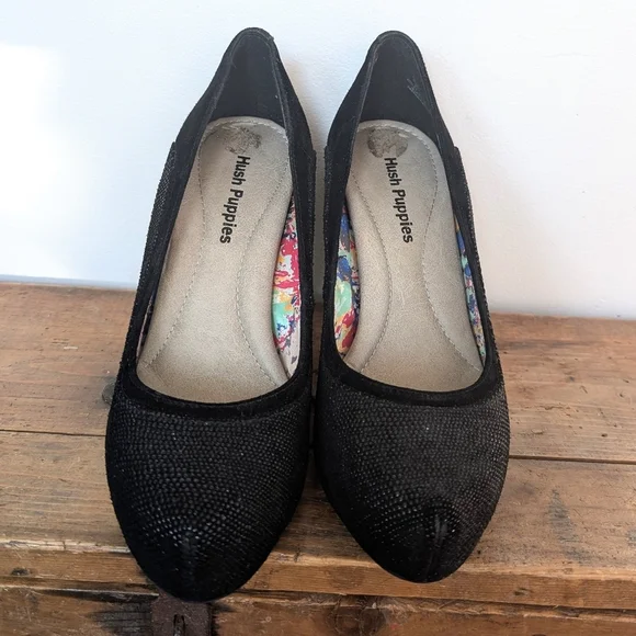 Hush Puppies Black Sparkle Gold Scale Block Heels Shoes~ Size 7.5 - Picture 4 of 7